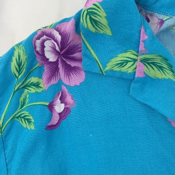 VTG Made in Hawaii Crop Top Hawaiian Button-Up Tie Shirt Blue Floral - Picture 4 of 5